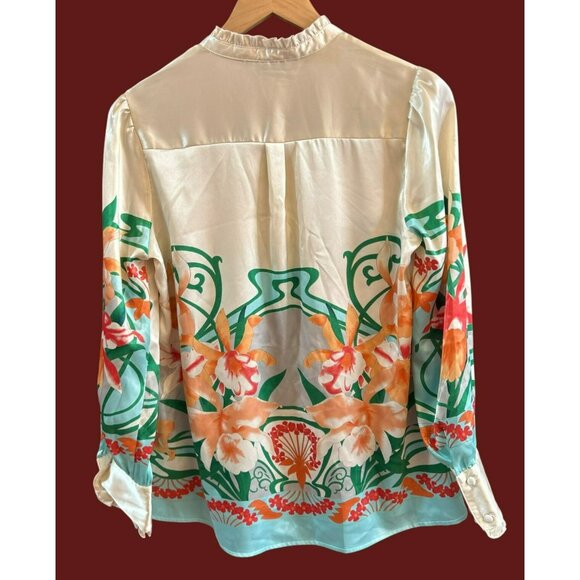 Hale Bob Women's Cream Satin Tropical Floral Button Up Blouse Sz M Ruffled Retro - Picture 2 of 6